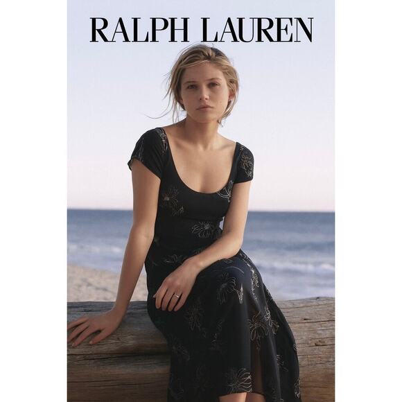 Vintage Ralph Lauren Silk Floral Midi Dress 2 Flowy Cap Sleeve Slip 90s Navy - Picture 2 of 8